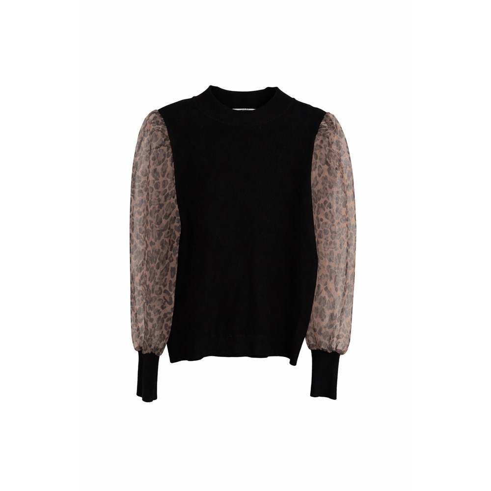 Sioni Leopard Sheer Sleeve Sweater Large Black Balloon Sleeve Mob Wife $88